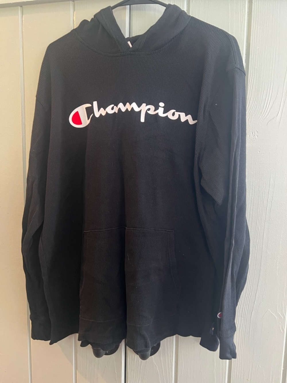 Champion Black Hoodie with White Script and Red Logo Accent